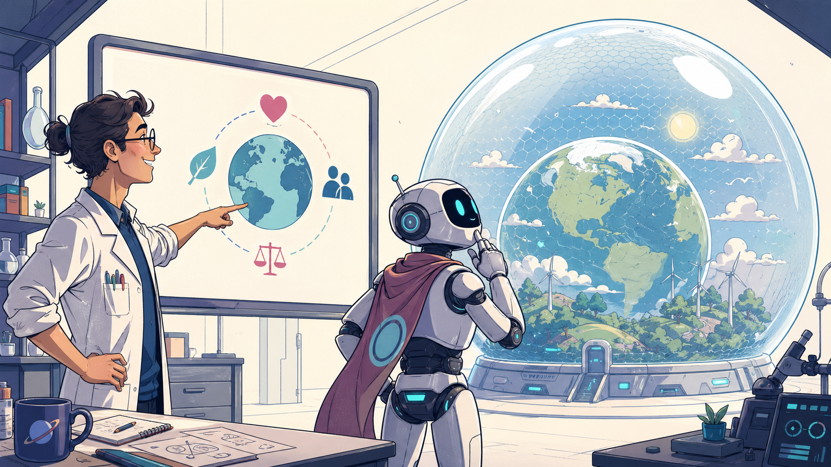 Comic-style illustration of a researcher explaining care, people, and accountability while a robot interprets the goal as placing the planet inside a protective bubble.