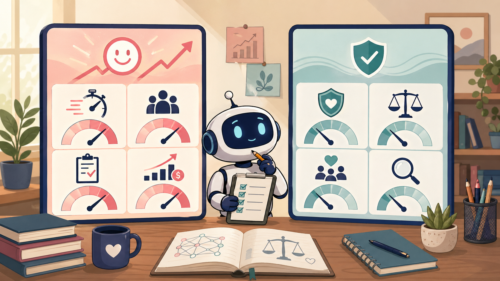 Meme-style illustration of a friendly robot comparing two dashboards: one with speed and engagement indicators, and another with accountability, trust, and care indicators.